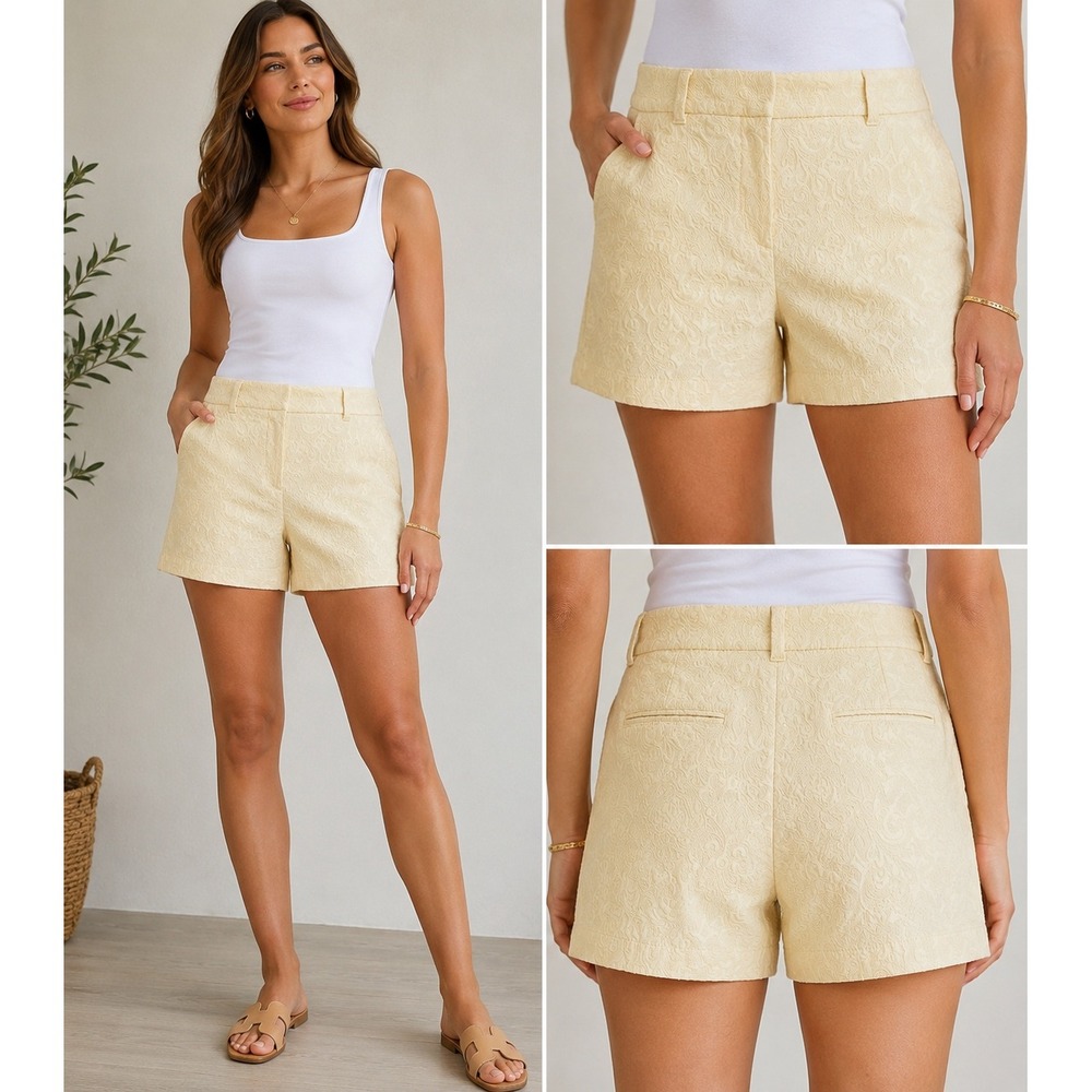LOFT Butter Yellow Jacquard Shorts Women's Size 6 Textured Floral Pockets Preppy